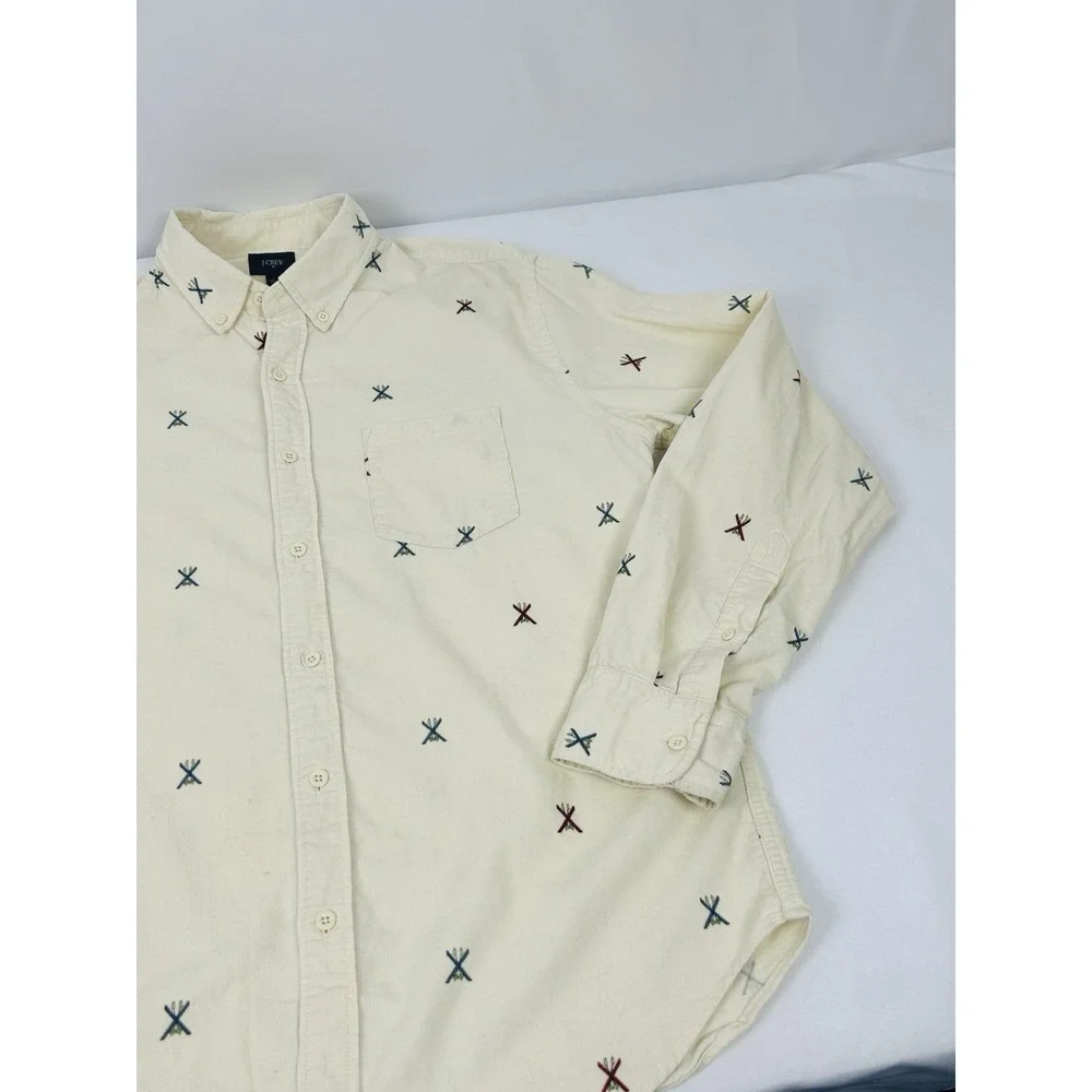 J. Crew Corduroy Shirt Mens Large Ivory Embroidered Ski Print Long Sleeve